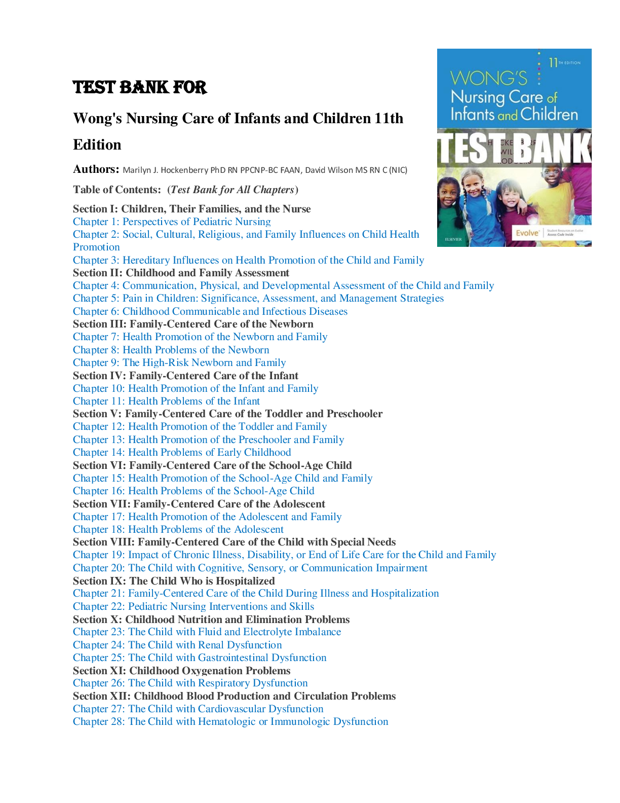 Preview of Test bank for Wong's Nursing Care of Infants and Children 11th Edition by Hockenberry Chap